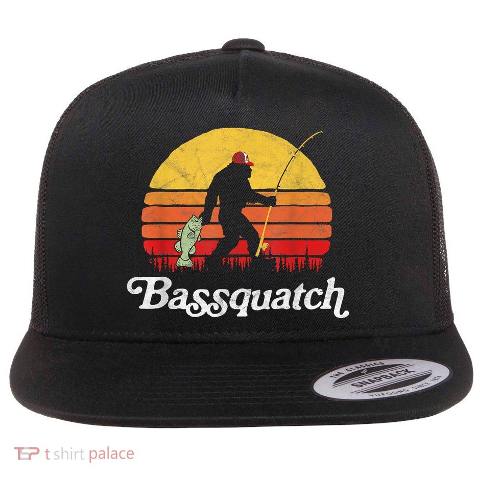 Bassquatch! Funny Bigfoot Fishing Outdoor Retro Funny Fishing Bigfoot Merch Flatbill Hat