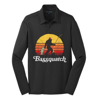 Bassquatch! Funny Bigfoot Fishing Outdoor Retro Funny Fishing Bigfoot Merch Silk Touch Performance Long Sleeve Polo