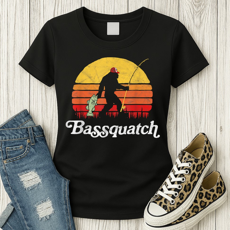 Bassquatch! Funny Bigfoot Fishing Outdoor Retro Funny Fishing Bigfoot Merch Womens T-Shirt