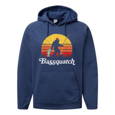 Bassquatch! Funny Bigfoot Fishing Outdoor Retro Funny Fishing Bigfoot Merch Performance Fleece Hoodie