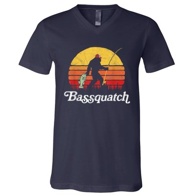 Bassquatch! Funny Bigfoot Fishing Outdoor Retro Funny Fishing Bigfoot Merch V-Neck T-Shirt