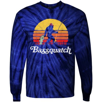 Bassquatch! Funny Bigfoot Fishing Outdoor Retro Funny Fishing Bigfoot Merch Tie-Dye Long Sleeve Shirt