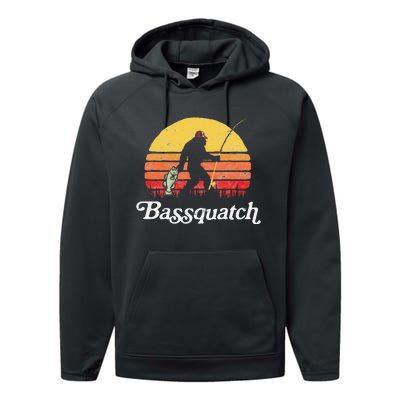 Bassquatch! Funny Bigfoot Fishing Outdoor Retro Performance Fleece Hoodie