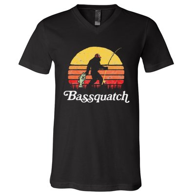 Bassquatch! Funny Bigfoot Fishing Outdoor Retro V-Neck T-Shirt