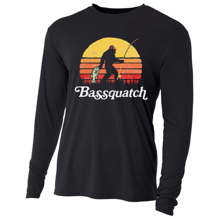 Bassquatch! Funny Bigfoot Fishing Outdoor Retro Cooling Performance Long Sleeve Crew