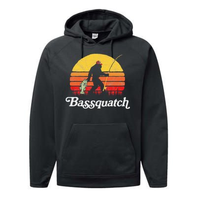 Bassquatch! Funny Bigfoot Fishing Outdoor Retro Performance Fleece Hoodie