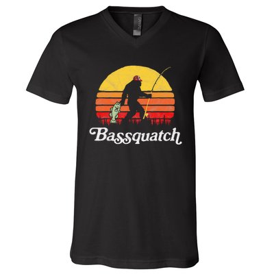 Bassquatch! Funny Bigfoot Fishing Outdoor Retro V-Neck T-Shirt