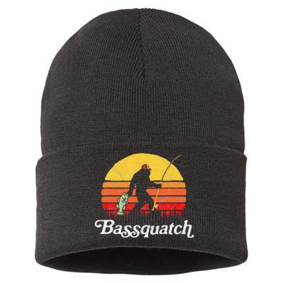 Bassquatch! Funny Bigfoot Fishing Outdoor Retro Sustainable Knit Beanie