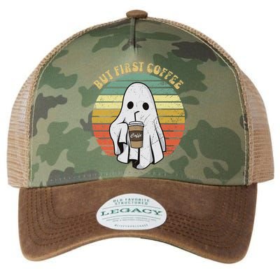 But First Coffee Retro Groovy Ghost Drinking Halloween Legacy Tie Dye Trucker Hat