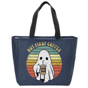 But First Coffee Retro Groovy Ghost Drinking Halloween Zip Tote Bag