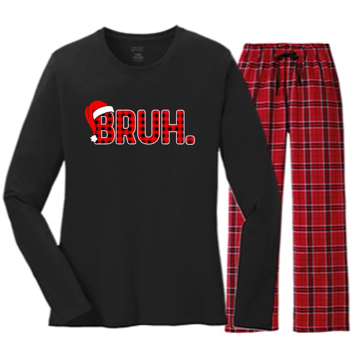 Bruh Funny Christmas Plaid Teens Xmas Pajamas Women's Long Sleeve Flannel Pajama Set 