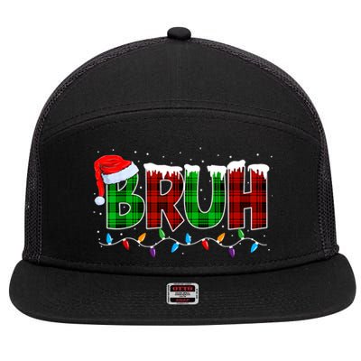 Bruh Funny Christmas Buffalo Plaid Xmas Pajamas 7 Panel Mesh Trucker Snapback Hat