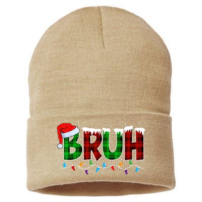 Bruh Funny Christmas Buffalo Plaid Xmas Pajamas Sustainable Knit Beanie