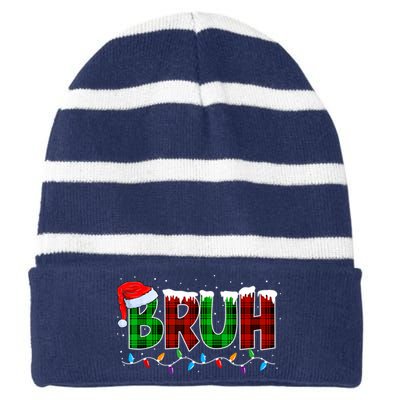 Bruh Funny Christmas Buffalo Plaid Xmas Pajamas Striped Beanie with Solid Band