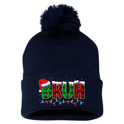 Bruh Funny Christmas Buffalo Plaid Xmas Pajamas Pom Pom 12in Knit Beanie