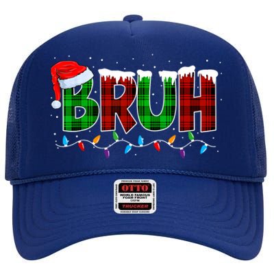 Bruh Funny Christmas Buffalo Plaid Xmas Pajamas High Crown Mesh Back Trucker Hat