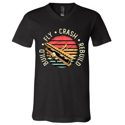 Build Fly Crash Rebuild Model Airplane Pilot Retro RC Plane V-Neck T-Shirt