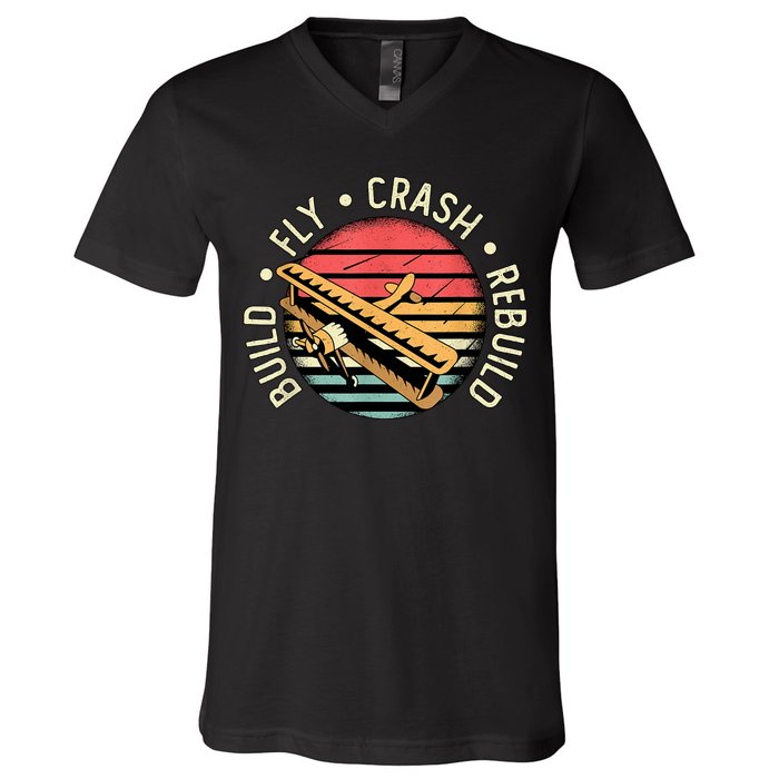 Build Fly Crash Rebuild Model Airplane Pilot Retro RC Plane V-Neck T-Shirt