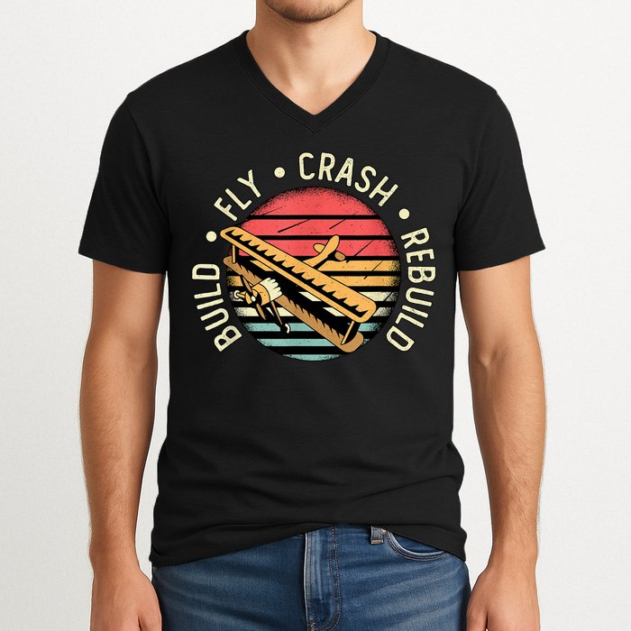 Build Fly Crash Rebuild Model Airplane Pilot Retro RC Plane V-Neck T-Shirt
