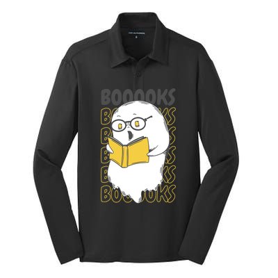 Boooks Funny Cartoon Ghost Reading Books Library Halloween Meaningful Gift Silk Touch Performance Long Sleeve Polo