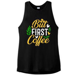 But First Coffee Graphic Ladies PosiCharge Tri-Blend Wicking Tank