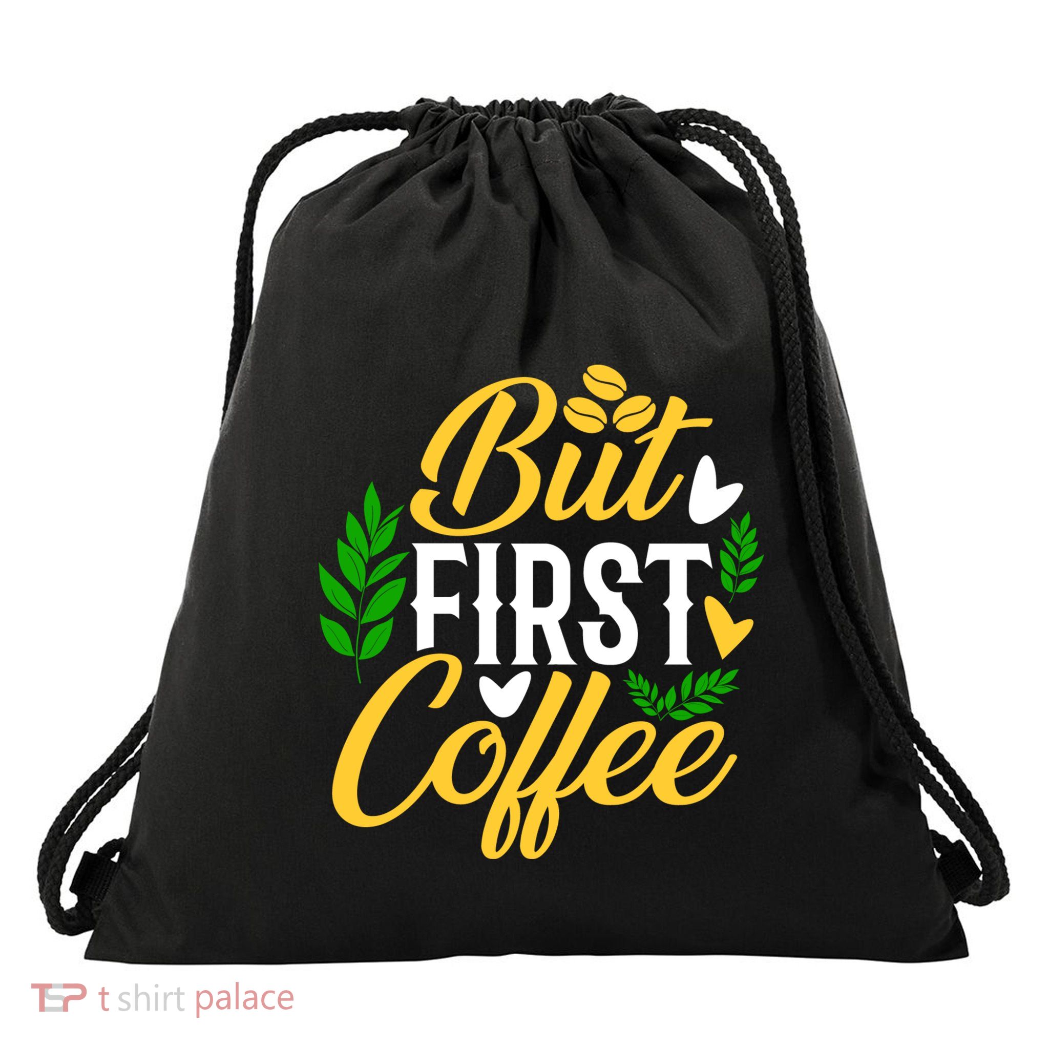 But First Coffee Graphic Drawstring Bag