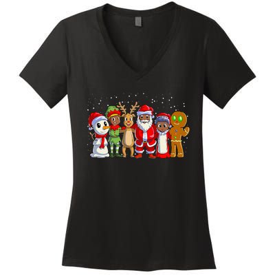 Black Family Christmas Afro African American Santa Xmas Women's V-Neck T-Shirt