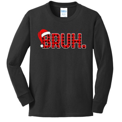 Bruh Funny Christmas Plaid Xmas Pajamas Gift Kids Long Sleeve Shirt