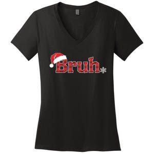 Bruh Funny Christmas Plaid Xmas Pajamas Women's V-Neck T-Shirt