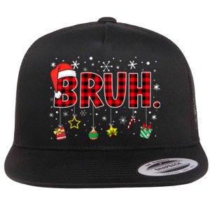 Bruh Funny Christmas Red Plaid Xmas Pajamas Flat Bill Trucker Hat