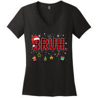 Bruh Funny Christmas Red Plaid Xmas Pajamas Women's V-Neck T-Shirt