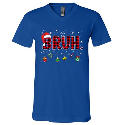 Bruh Funny Christmas Red Plaid V-Neck T-Shirt