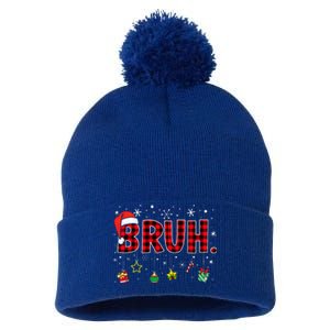 Bruh Funny Christmas Red Plaid Pom Pom 12in Knit Beanie