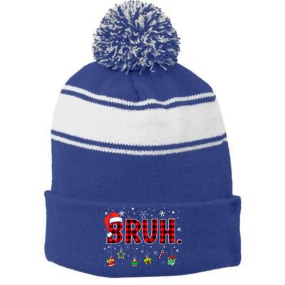 Bruh Funny Christmas Red Plaid Stripe Pom Pom Beanie