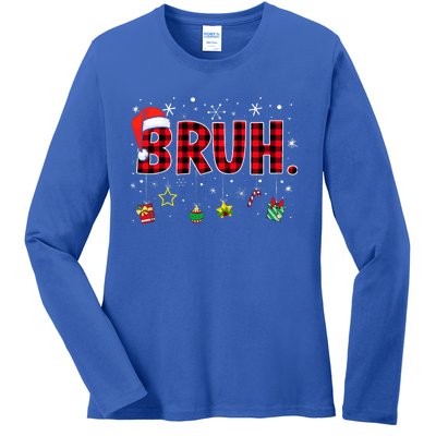 Bruh Funny Christmas Red Plaid Ladies Long Sleeve Shirt