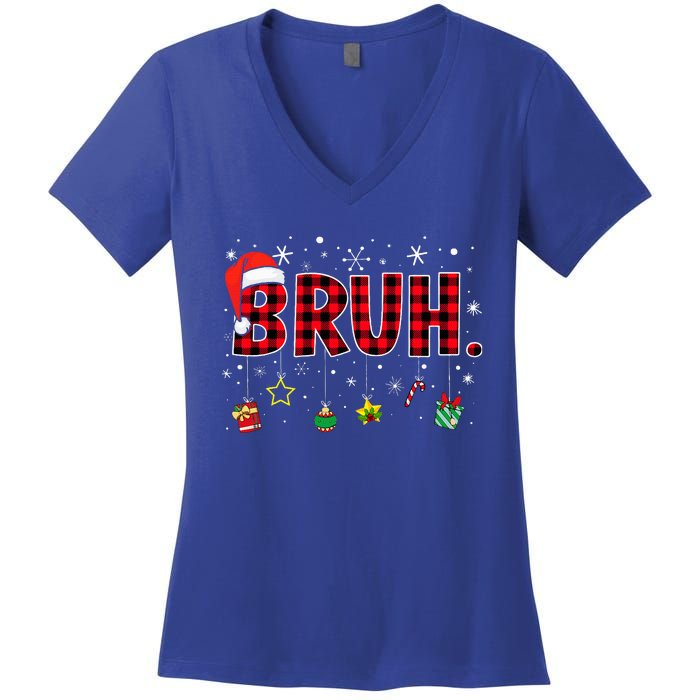 Bruh Funny Christmas Red Plaid Women's V-Neck T-Shirt