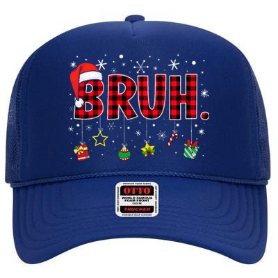 Bruh Funny Christmas Red Plaid High Crown Mesh Back Trucker Hat