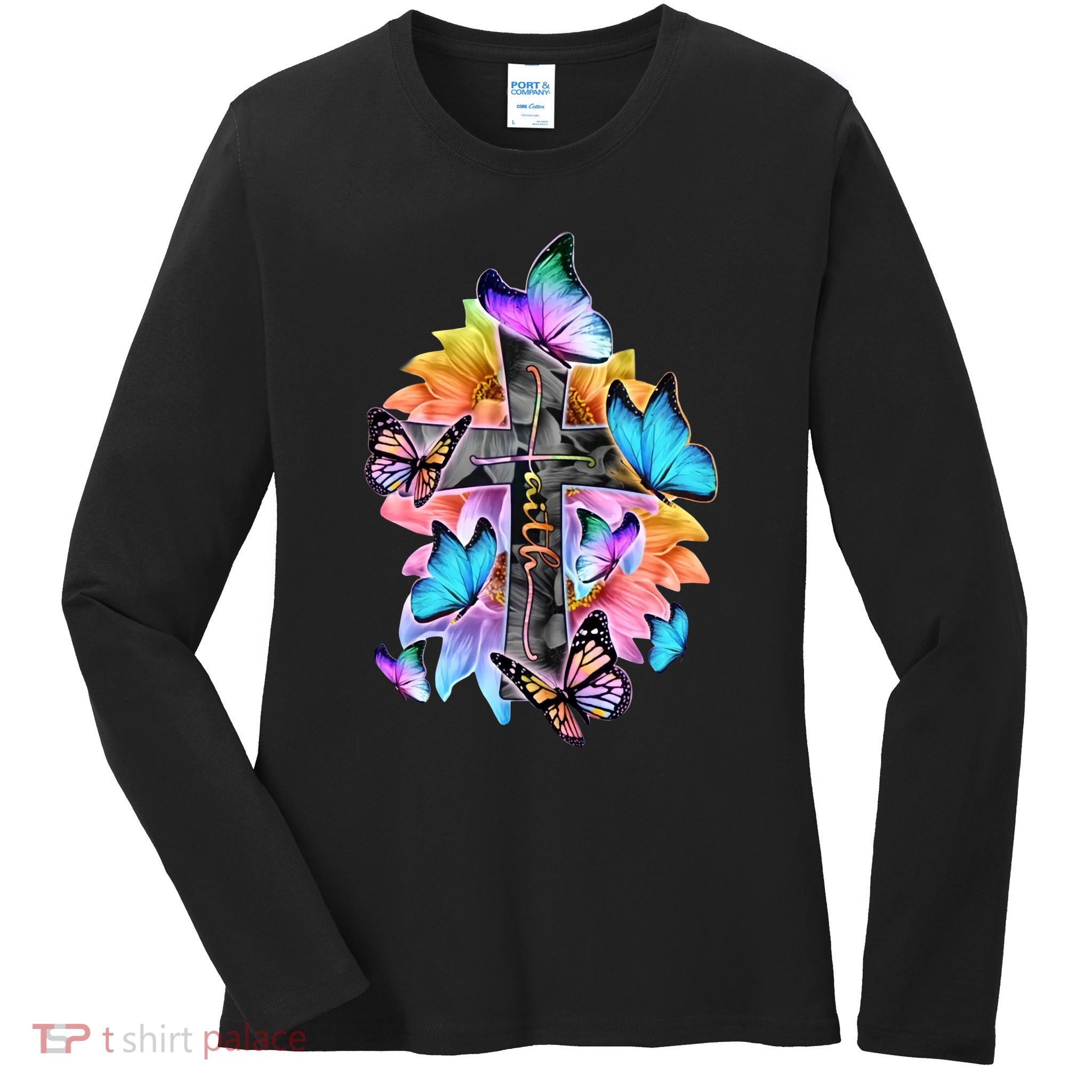 Butterfly Faith Cross Flowers Ladies Long Sleeve Shirt