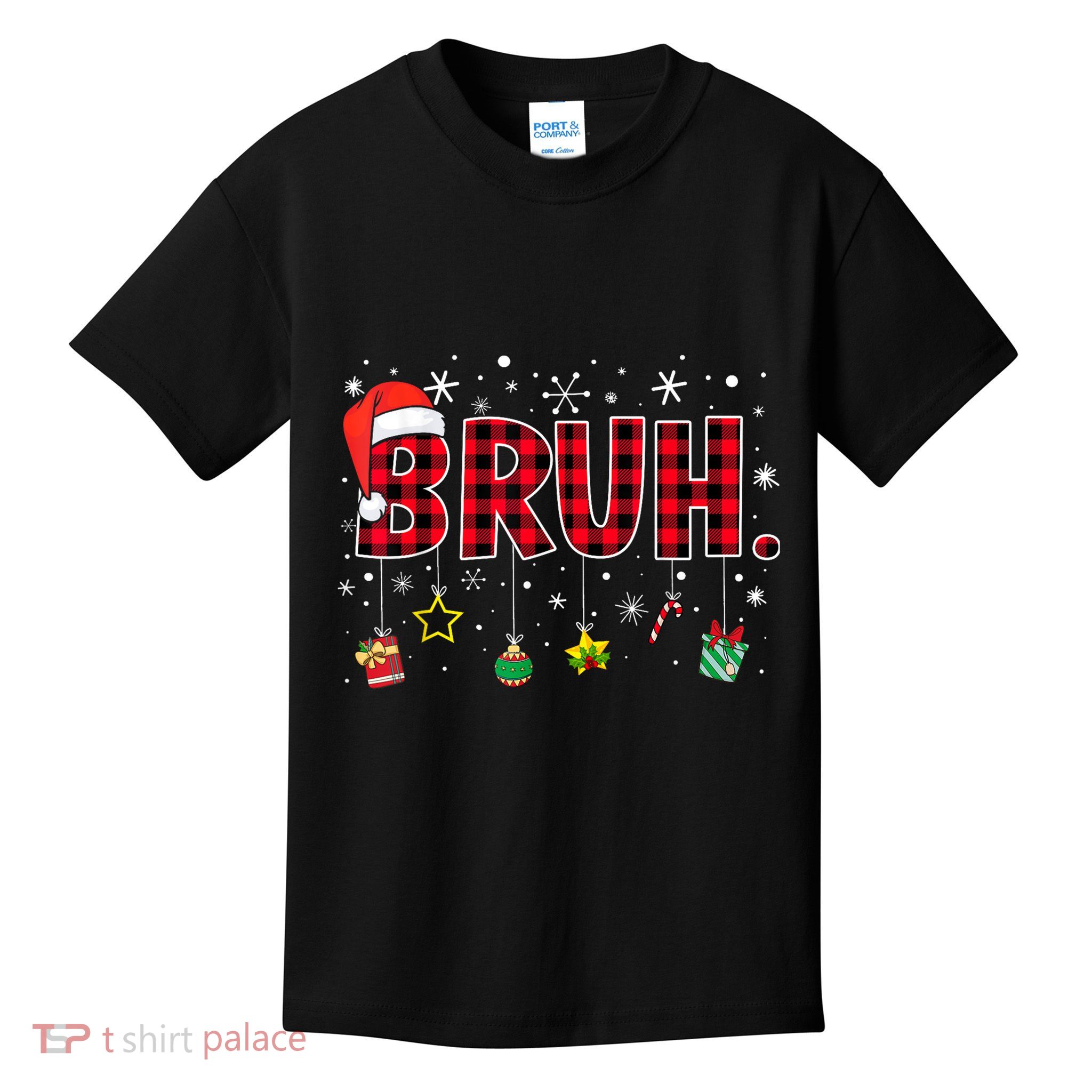 Bruh Funny Christmas Red Plaid Teens Xmas Pajamas Kids T-Shirt