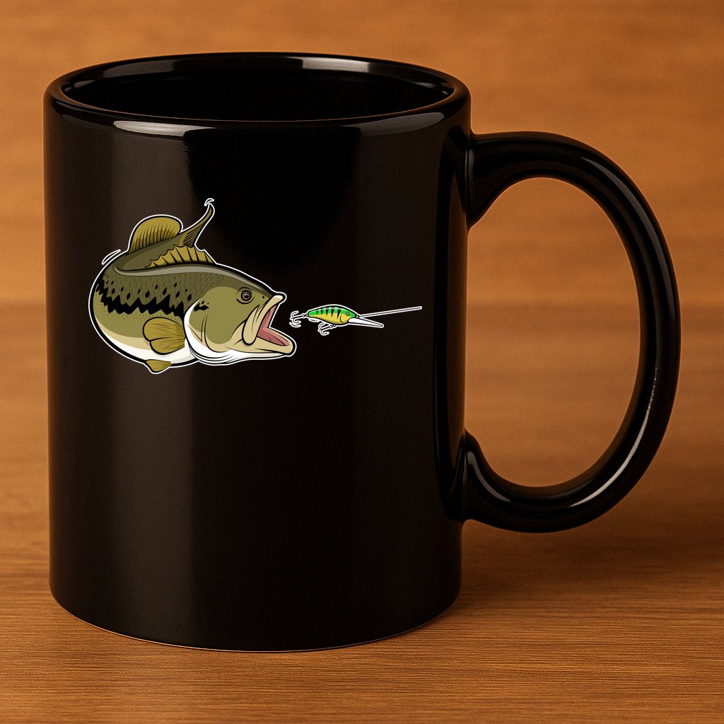 Bass Fish Chasing Lure Hook Fishing Fan 11oz C Handle Ceramic Mug
