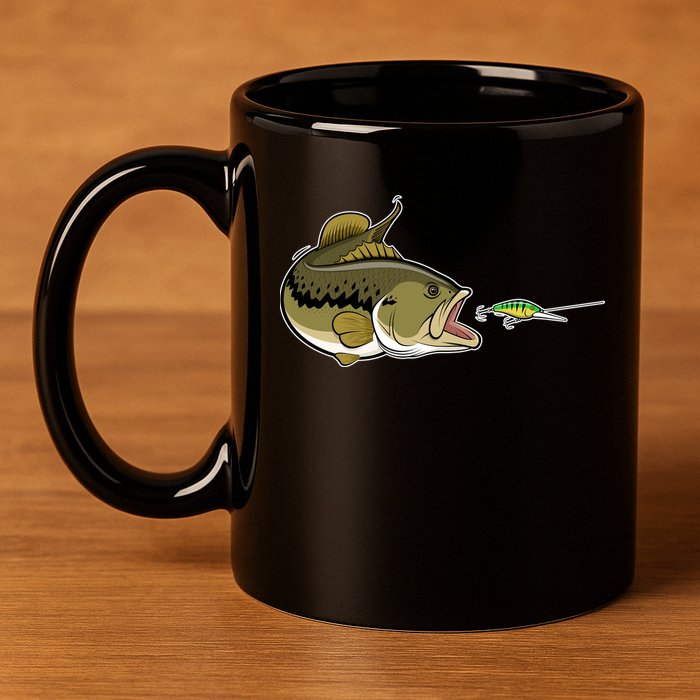 Bass Fish Chasing Lure Hook Fishing Fan 11oz C Handle Ceramic Mug