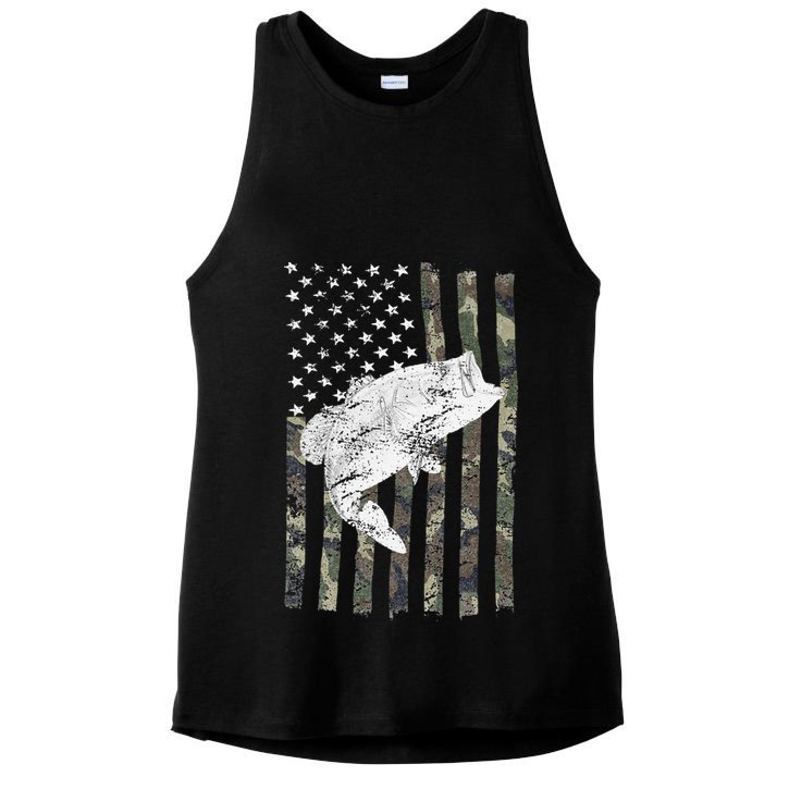Bass Fishing Camouflage Flag Big Mouth On Back Ladies PosiCharge Tri-Blend Wicking Tank