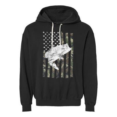 Bass Fishing Camouflage Flag Big Mouth On Back Garment-Dyed Fleece Hoodie