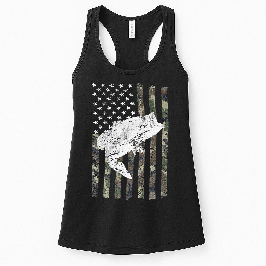 Bass Fishing Camouflage Flag Big Mouth On Back Womens Tank Top