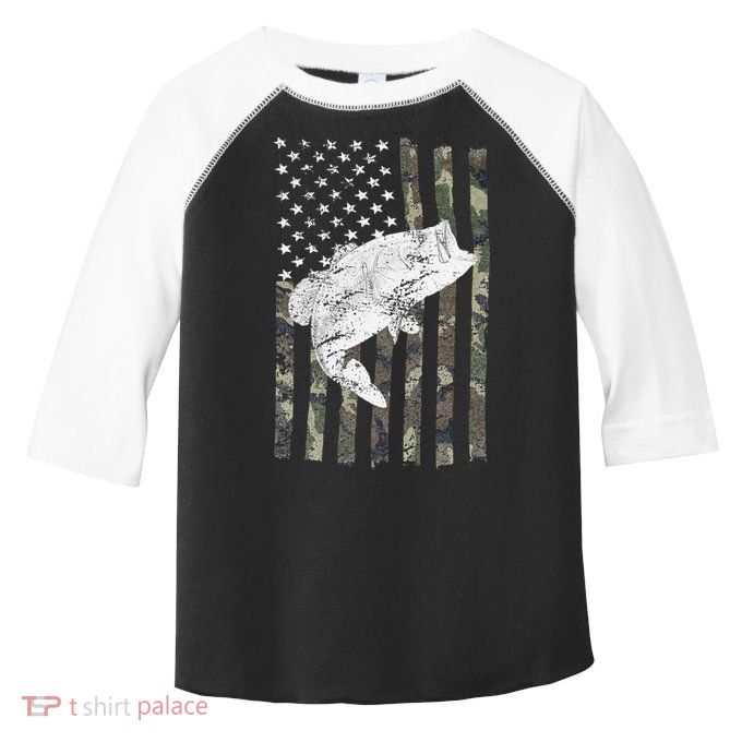 Bass Fishing Camouflage Flag Big Mouth On Back Toddler Fine Jersey T-Shirt
