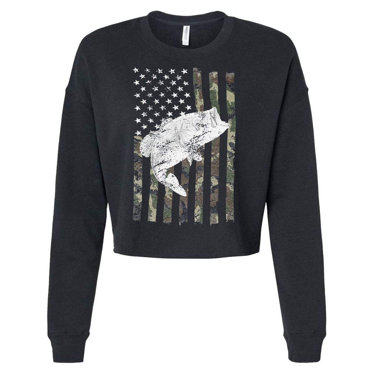 Bass Fishing Camouflage Flag Big Mouth On Back Cropped Pullover Crew