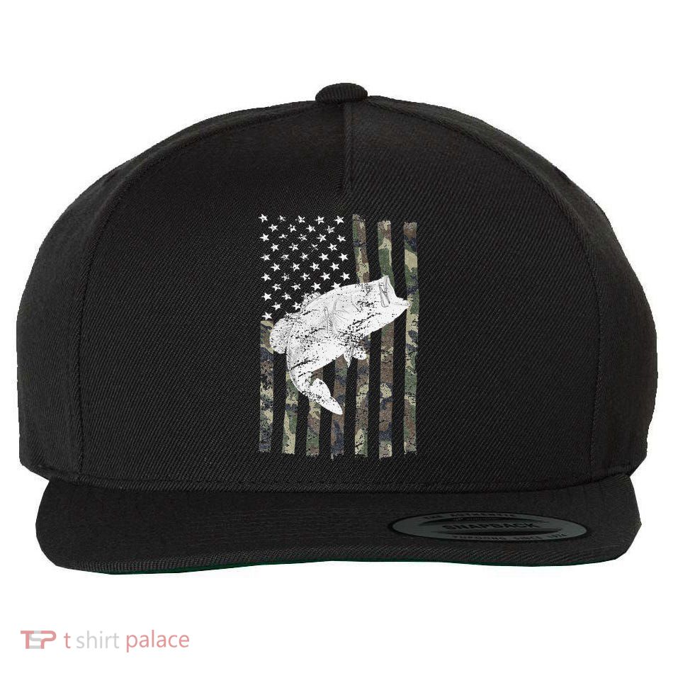 Bass Fishing Camouflage Flag Big Mouth On Back Wool Snapback Cap