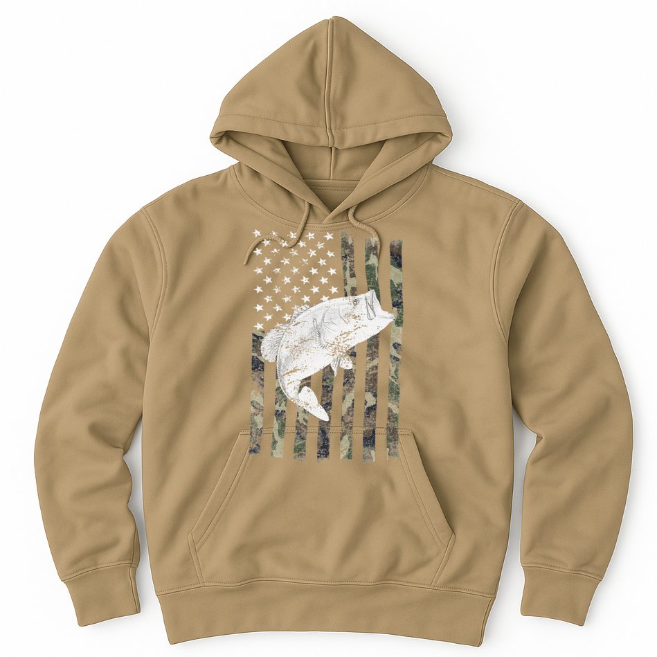 Bass Fishing Camouflage Flag Big Mouth On Back Hoodie