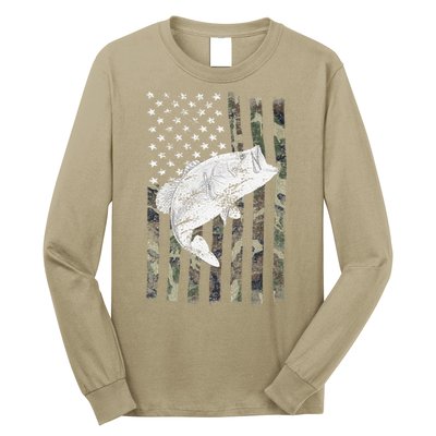 Bass Fishing Camouflage Flag Big Mouth On Back Long Sleeve Shirt