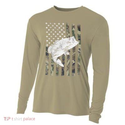Bass Fishing Camouflage Flag Big Mouth On Back Cooling Performance Long Sleeve Crew